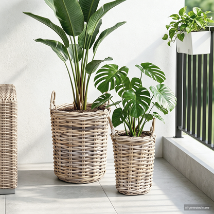 Planter Basket with Storage 2 pcs Natural Grey Kubu Rattan