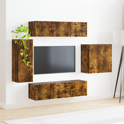 TV Wall Cabinet Set Wall-mounted 6 pcs Smoked Oak