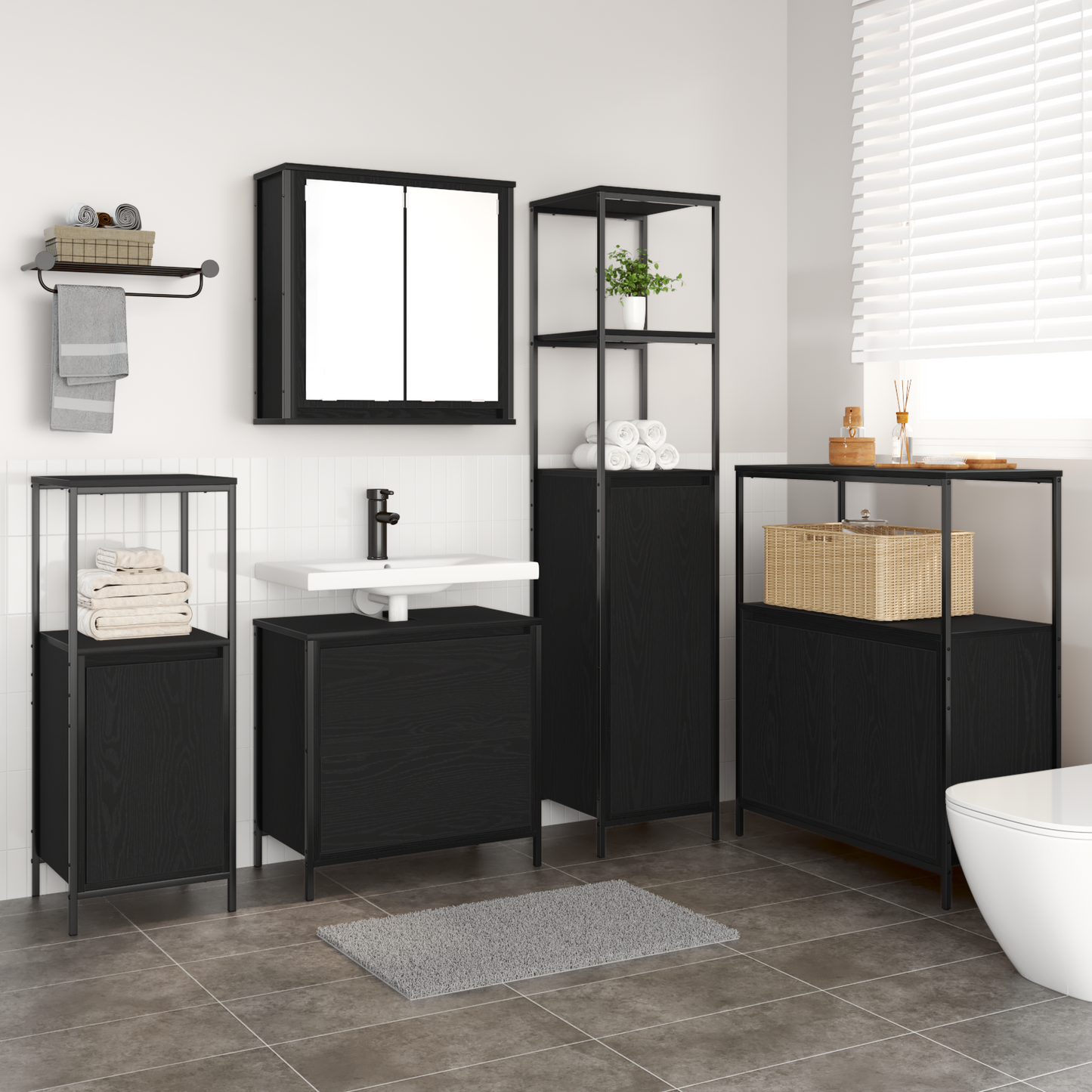 Bathroom Furniture Set with Shelf 5 pcs Black Engineered wood