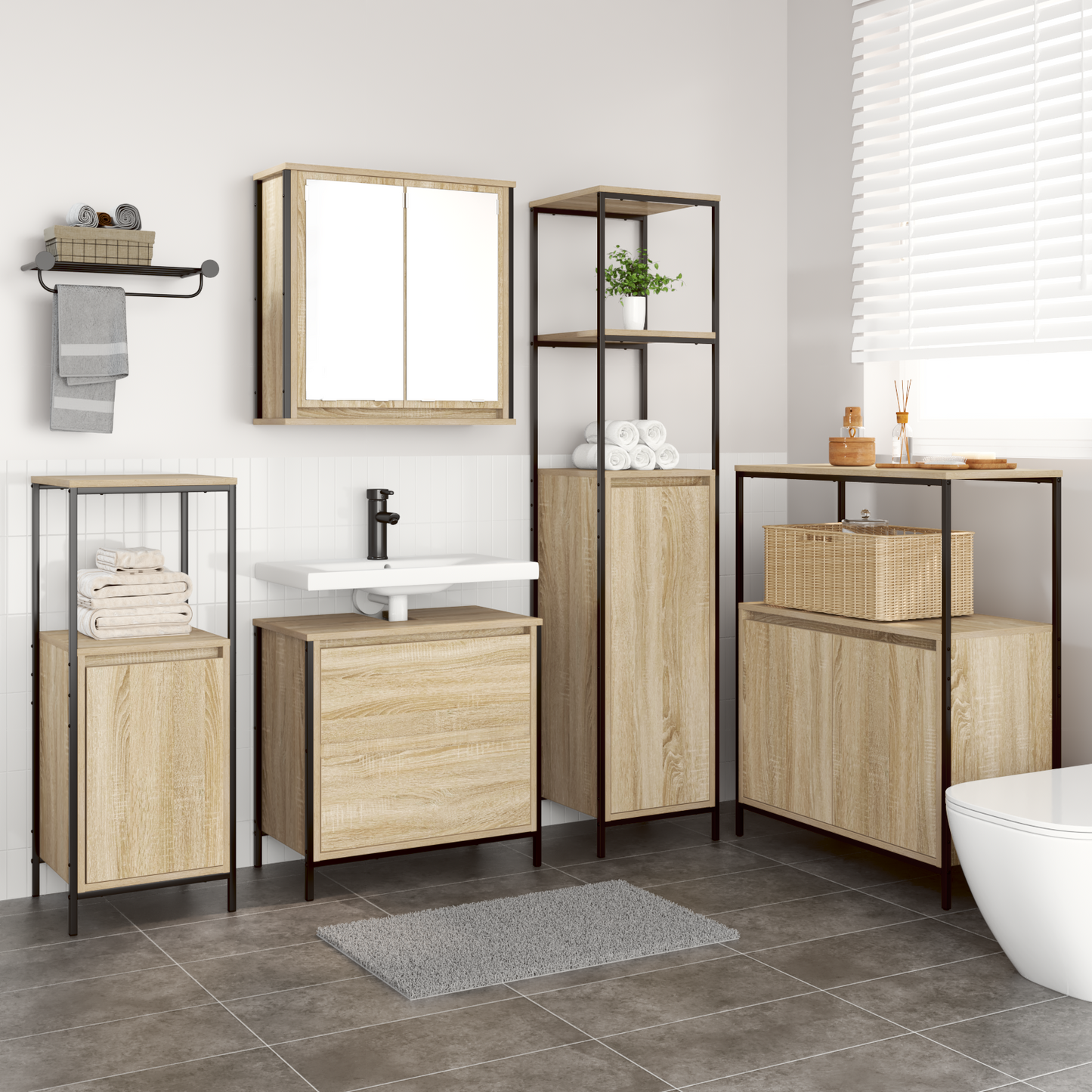 Bathroom Furniture Set with Shelf 5 pcs Beige Engineered wood