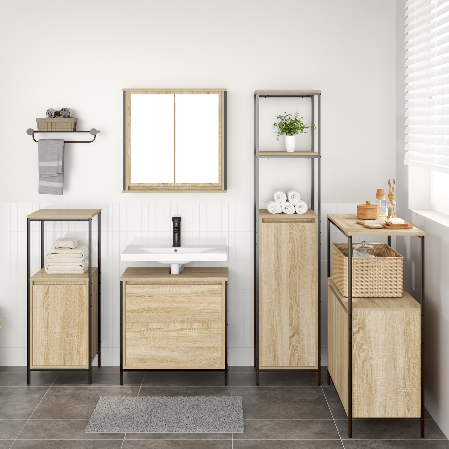 Bathroom Furniture Set with Shelf 5 pcs Beige Engineered wood