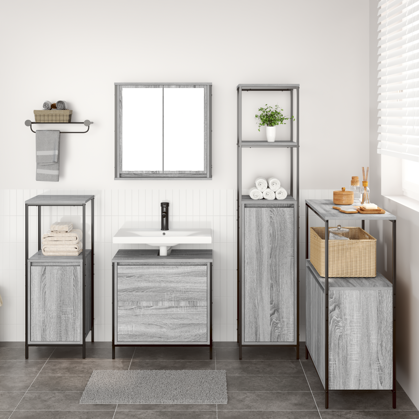 Bathroom Furniture Set with Shelf 5 pcs Grey Engineered wood