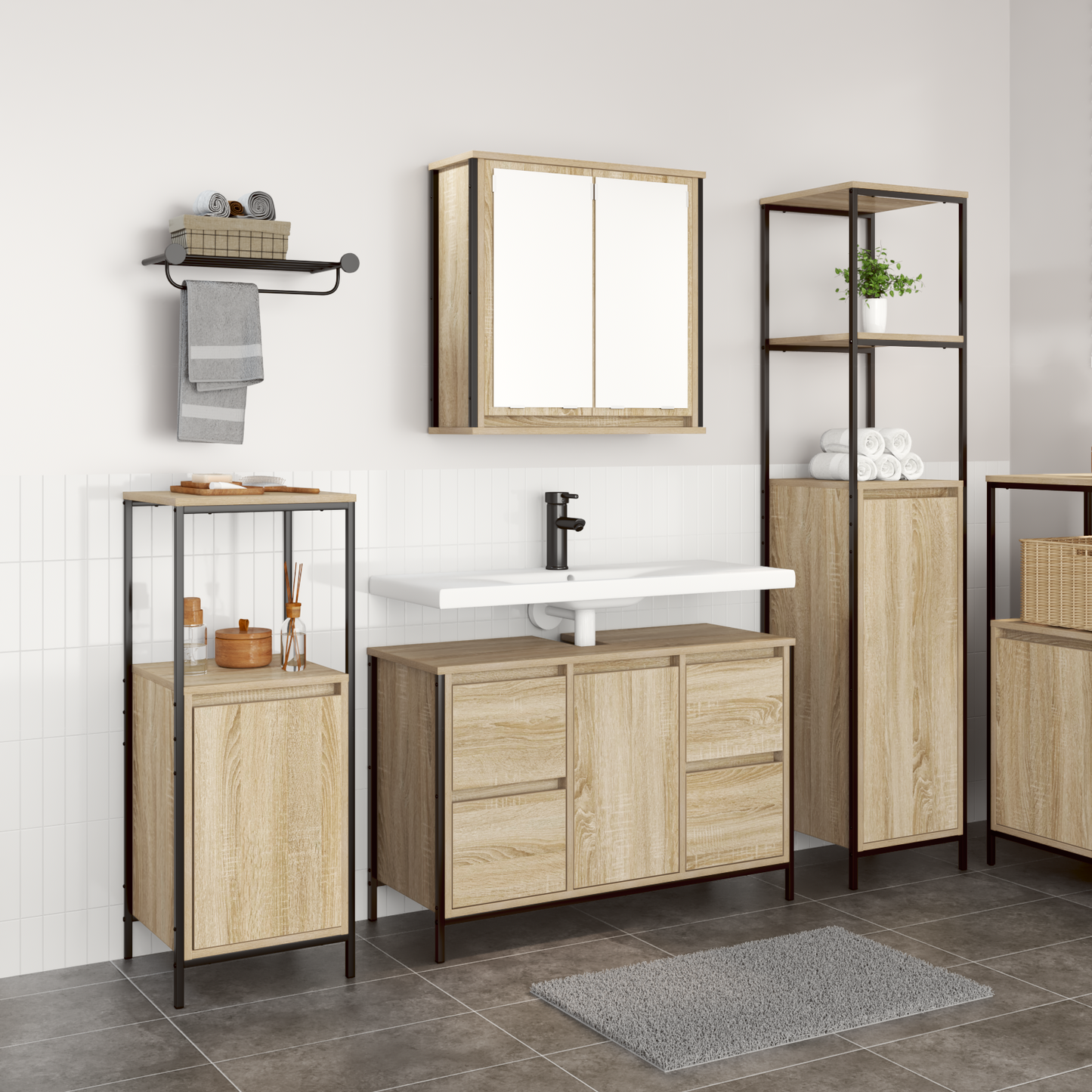 Bathroom Furniture Set with Drawer 3 pcs Sonoma oak and Black