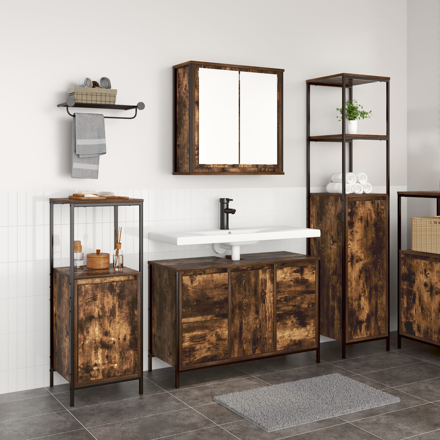 Bathroom Furniture Set with Drawer 3 pcs Smoked Oak and Black