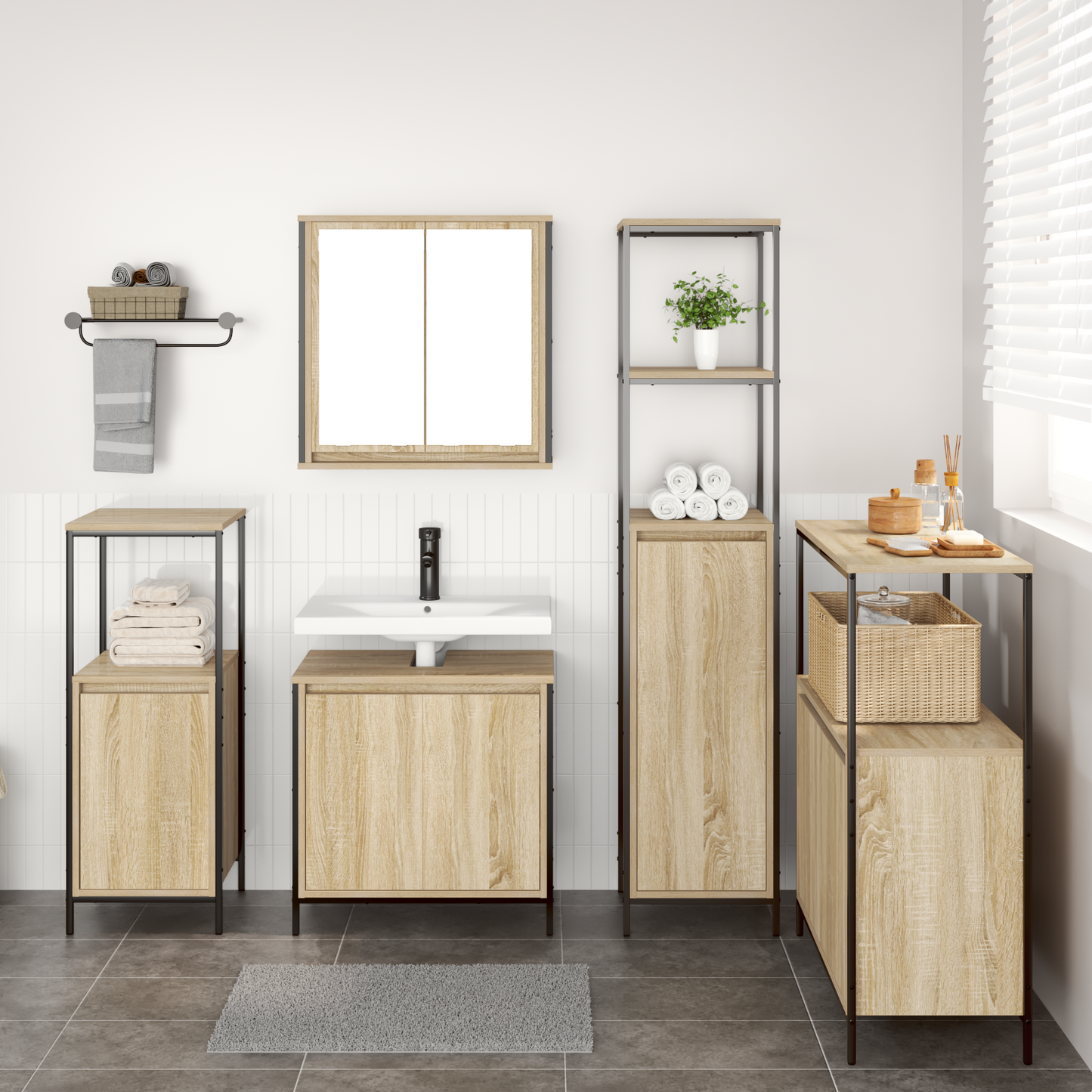 Bathroom Furniture Set with Shelf 5 pcs Sonoma Oak and Black