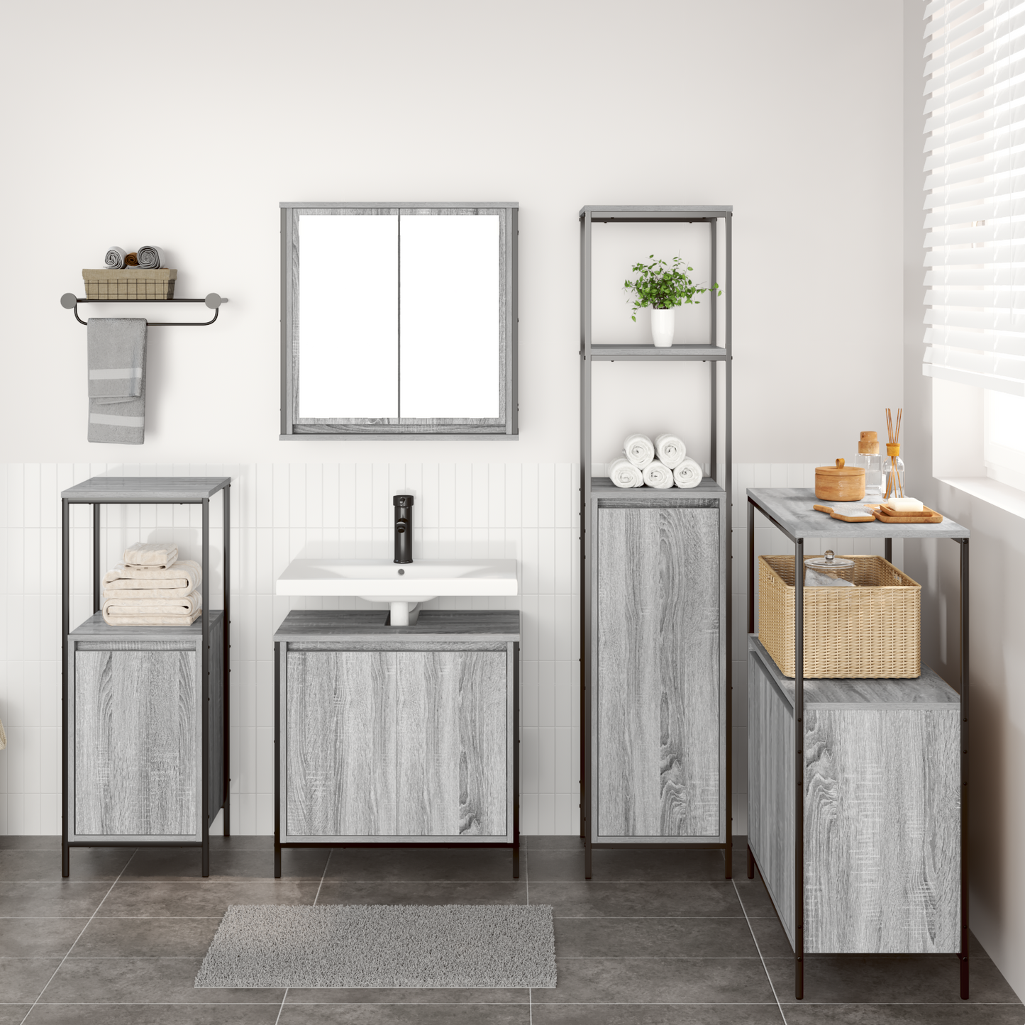 Bathroom Furniture Set with Shelf 5 pcs Grey Sonoma and Black