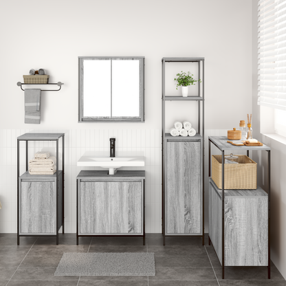 Bathroom Furniture Set with Shelf 5 pcs Grey Sonoma and Black