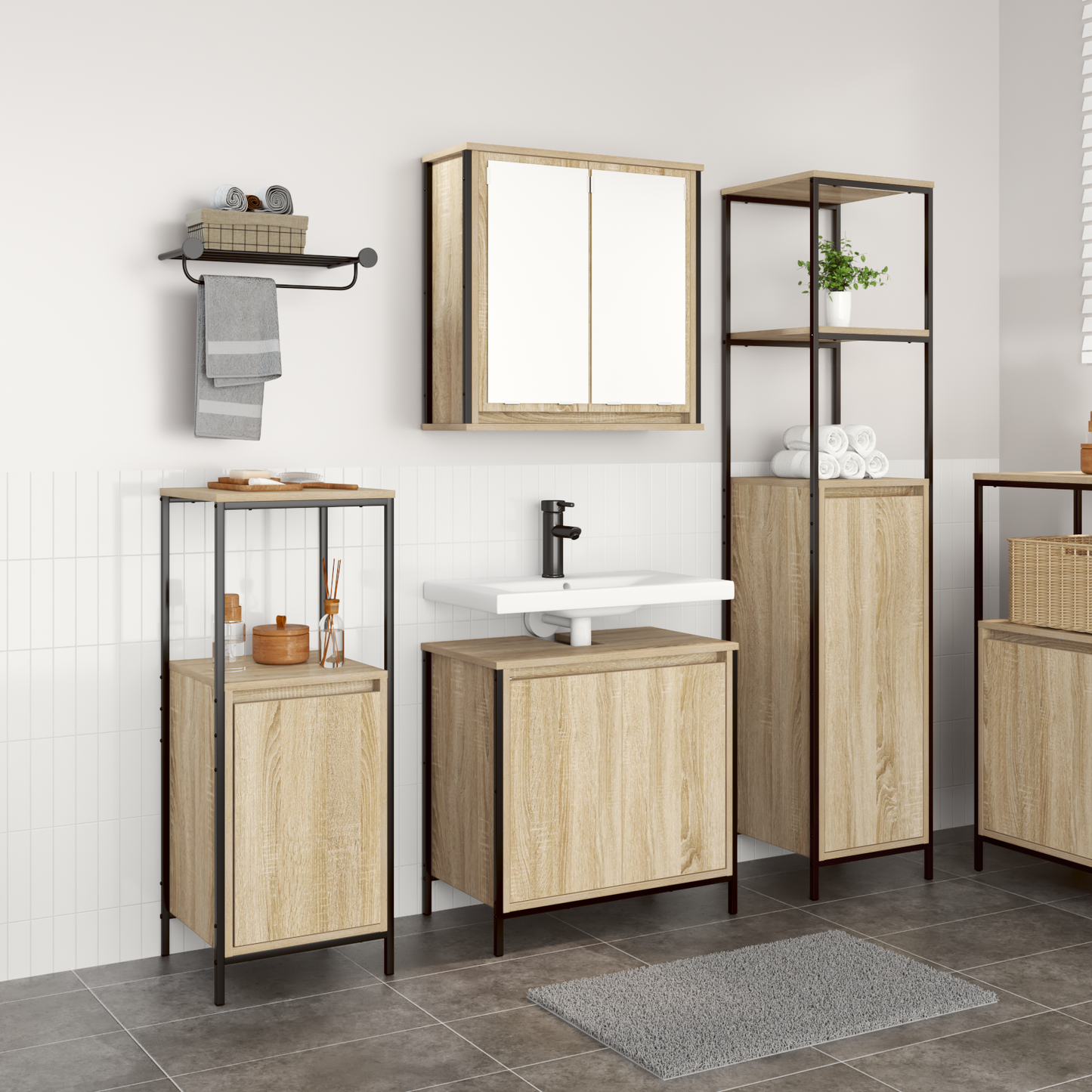 Bathroom Furniture Set with Shelf 3 pcs Sonoma Oak and Black