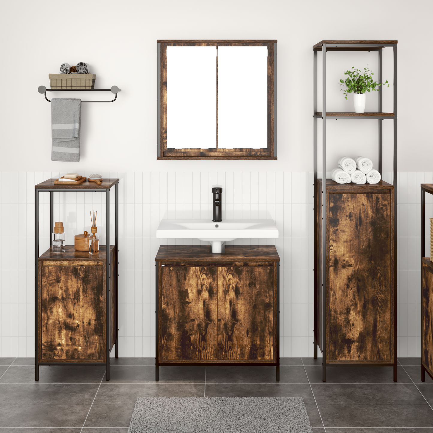 Bathroom Furniture Set with Shelf 3 pcs Smoked Oak and Black