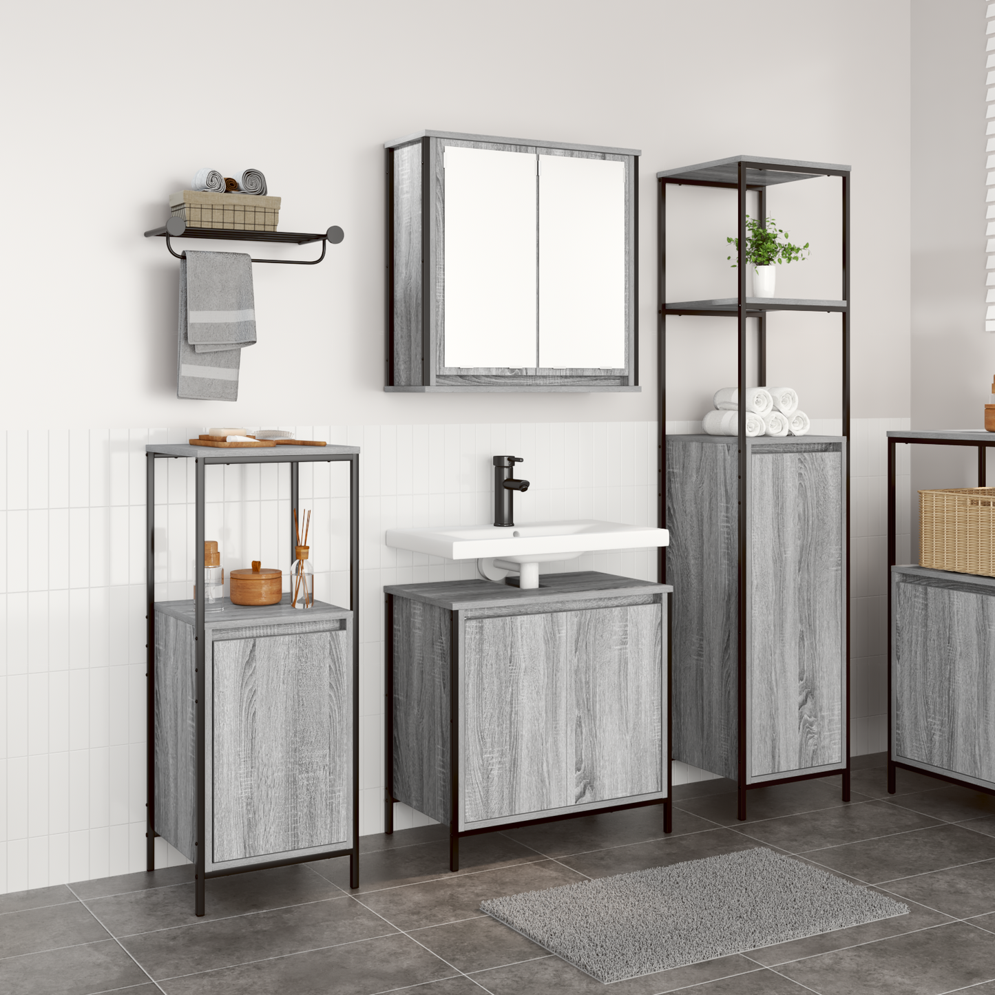 Bathroom Furniture Set with Shelf 3 pcs Grey Sonoma and Black