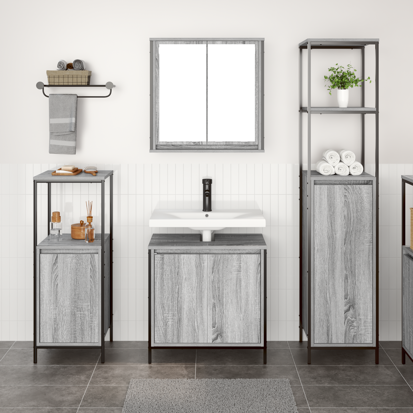 Bathroom Furniture Set with Shelf 3 pcs Grey Sonoma and Black