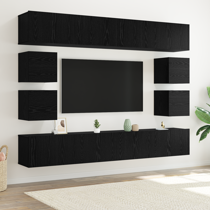 TV Cabinet Set Wall-mounted 8 pcs Black Oak Engineered Wood