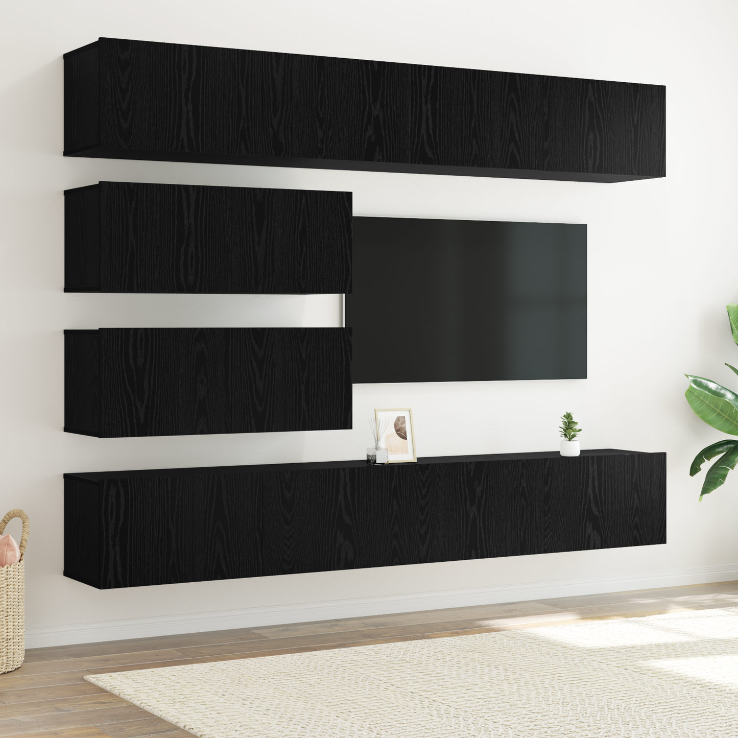 TV Cabinet Set Wall-mounted 6 pcs Black Oak Engineered Wood