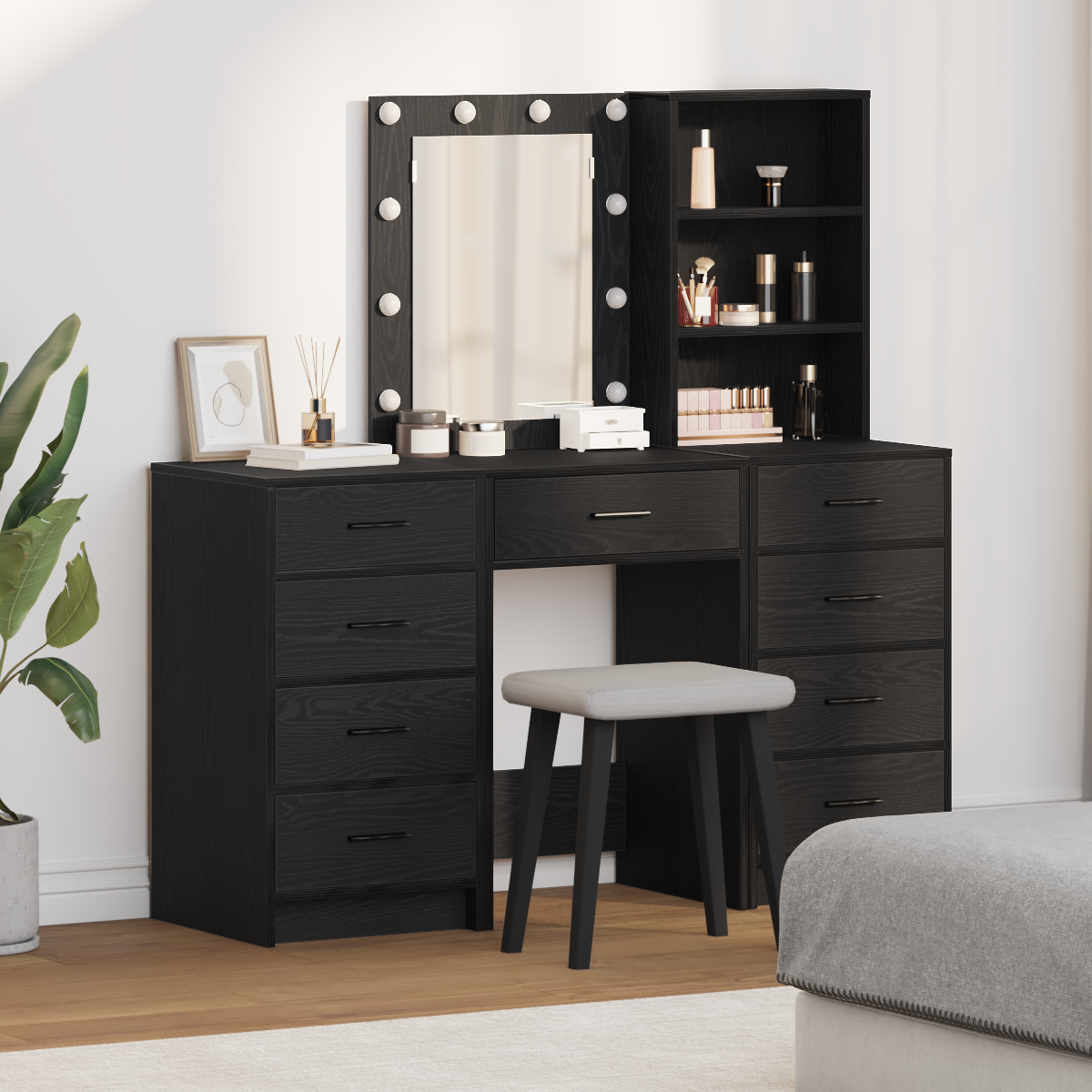 Dressing Table with Mirror Lights 3 pcs Black Engineered wood
