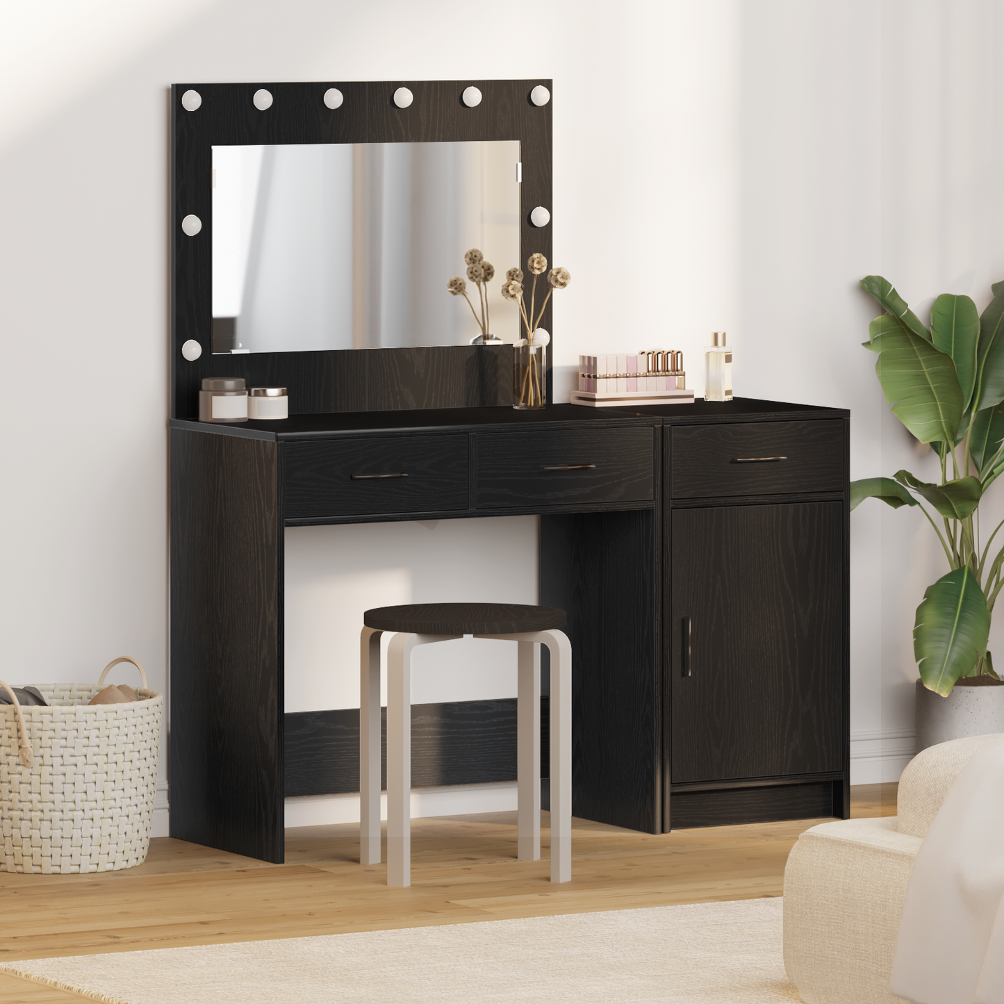 Dressing Table with Mirror Lights 2 pcs Black Engineered wood