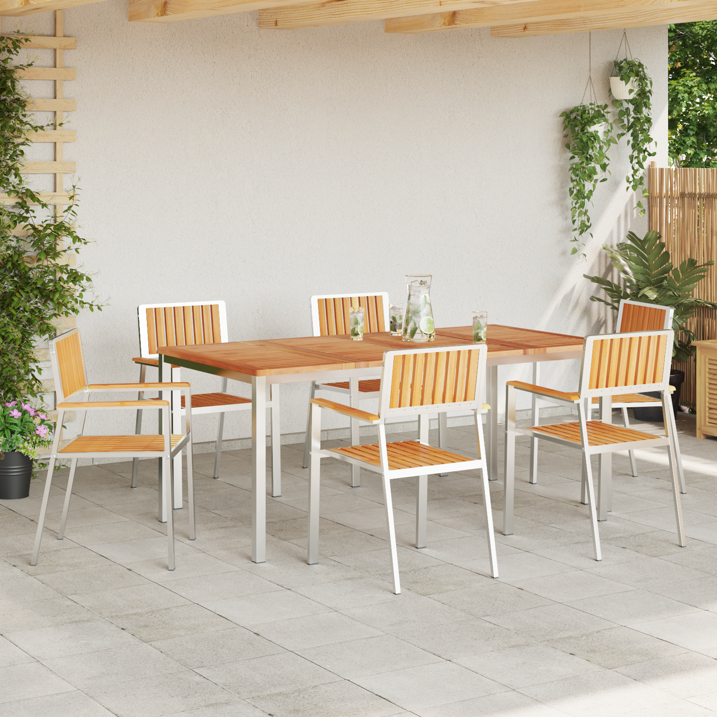 Outdoor Dining Set 7 pcs Solid Teak Wood and Stainless Steel