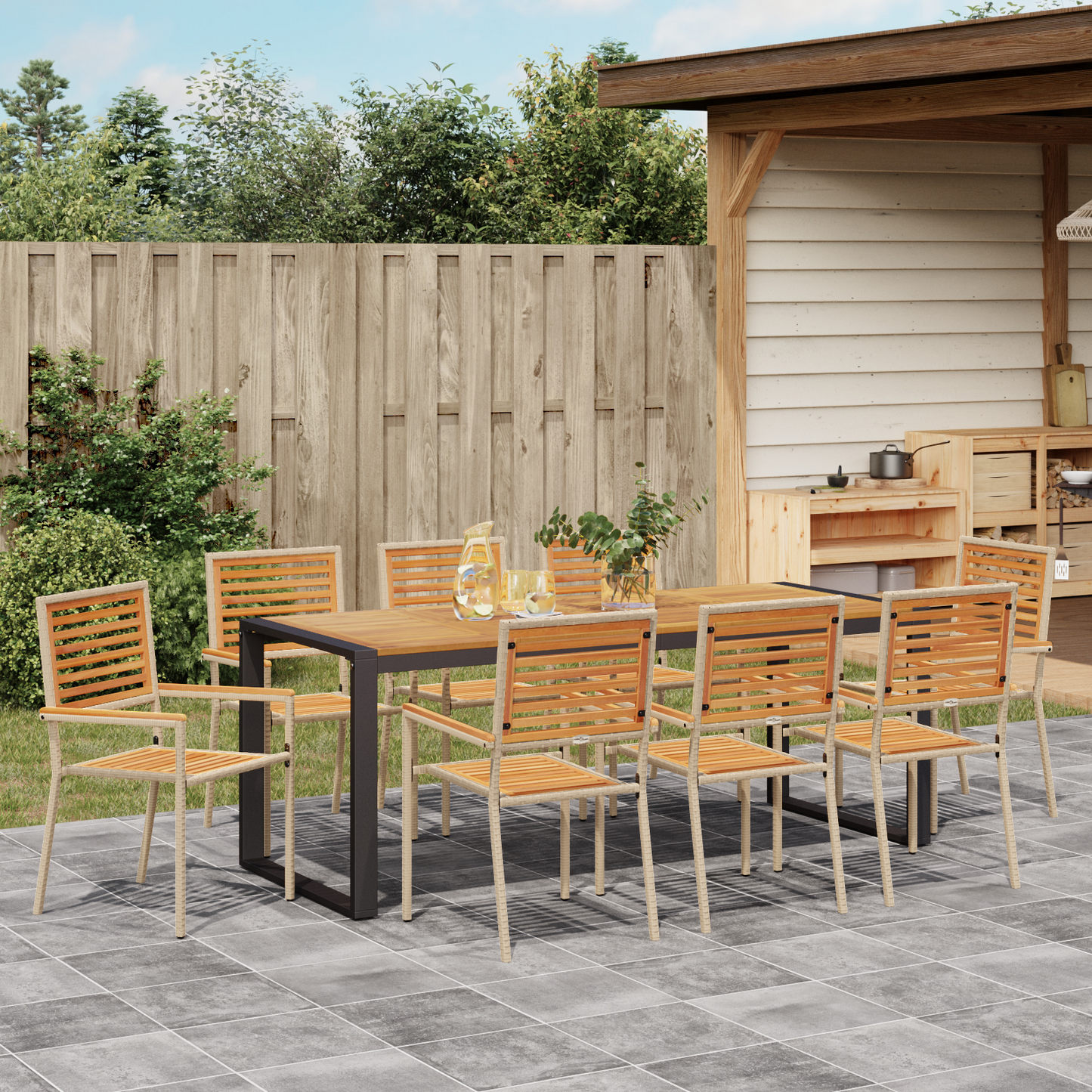 Garden Dining Set 9 pcs Beige and Brown Poly Rattan