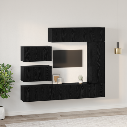 TV Cabinet Set Wall-mounted 8 pcs Black Oak Engineered Wood