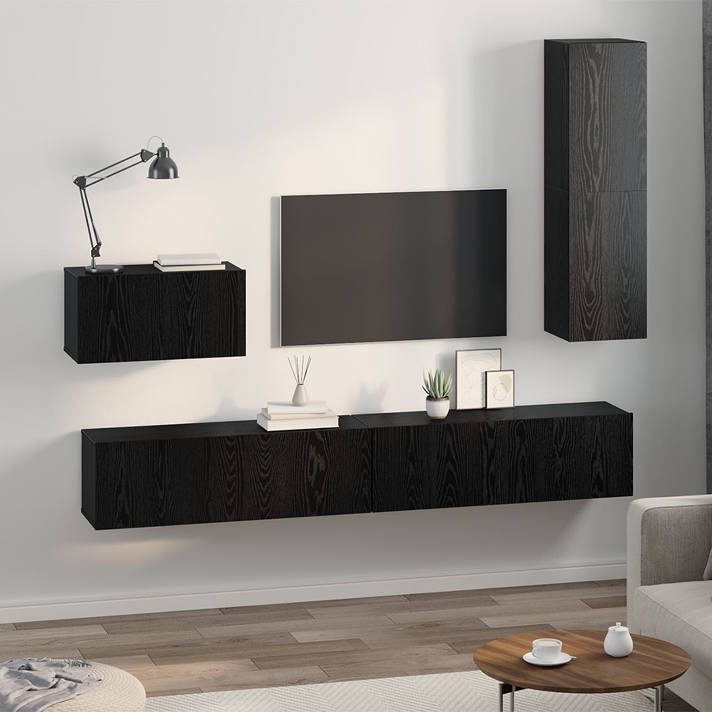 Wall TV Cabinet Wall-mounted 4 pcs Black Oak Engineered Wood