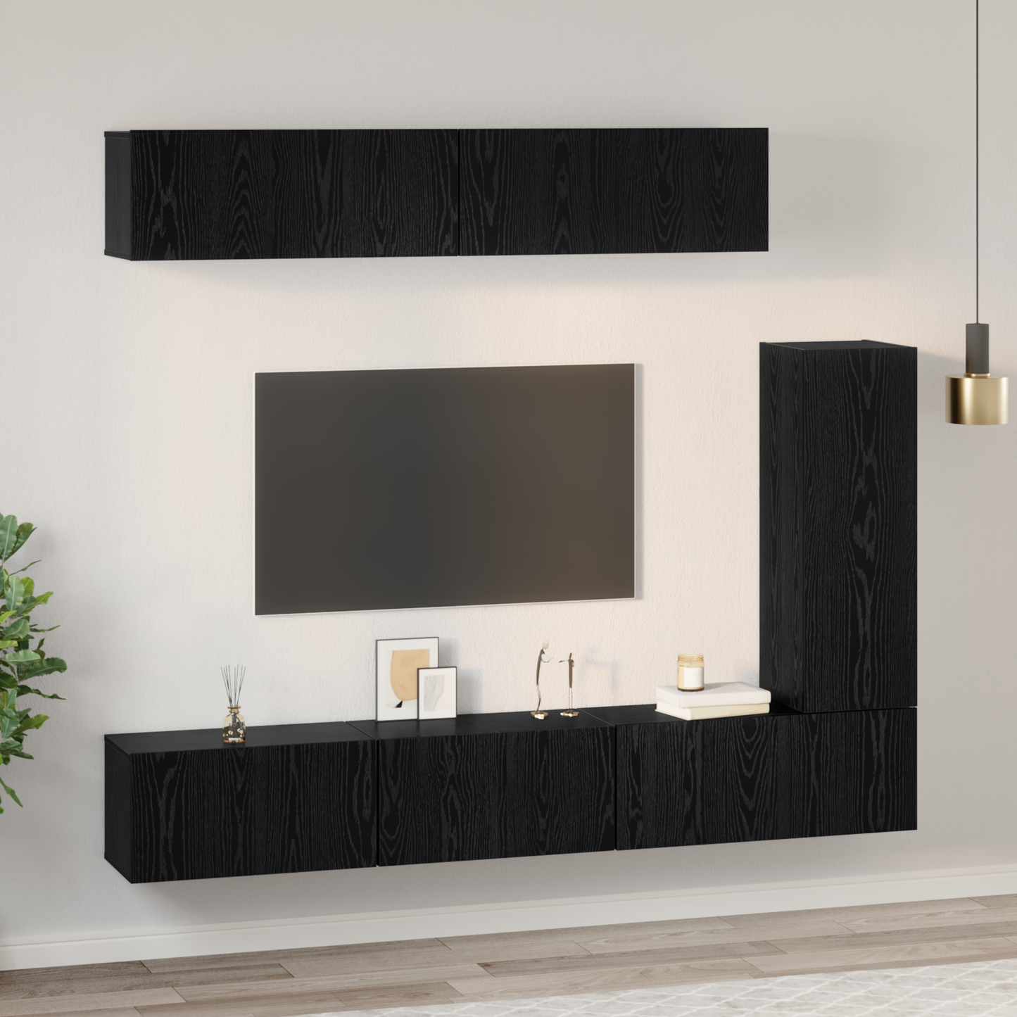 TV Cabinet Set Wall-mounted 6 pcs Black Oak Engineered Wood