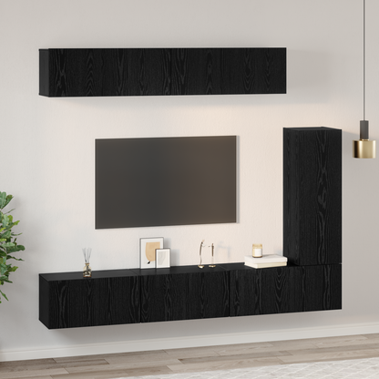 TV Cabinet Set Wall-mounted 6 pcs Black Oak Engineered Wood
