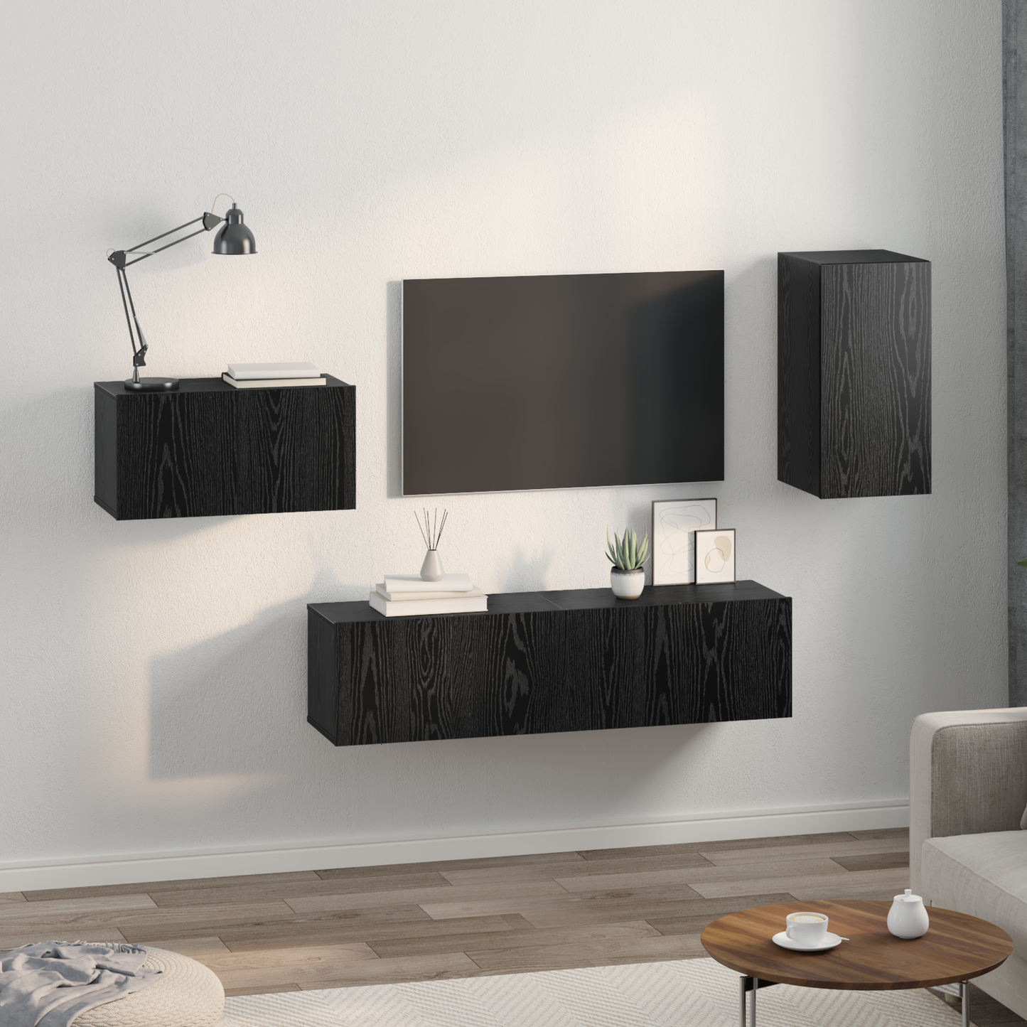 TV Cabinet Set with Drawer Black Oak Engineered Wood