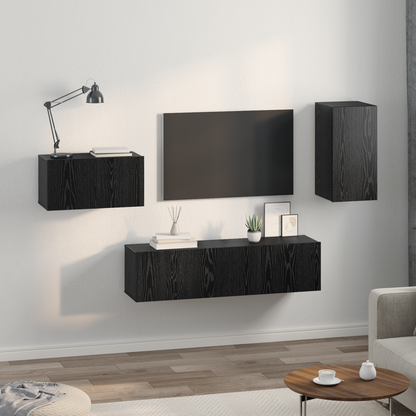 TV Cabinet Set with Drawer Black Oak Engineered Wood