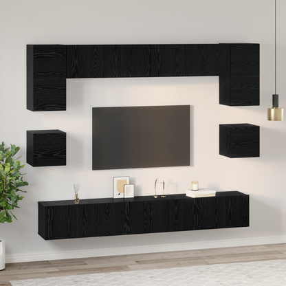 TV Cabinet Set Wall-mounted 8 pcs Black Oak Engineered Wood