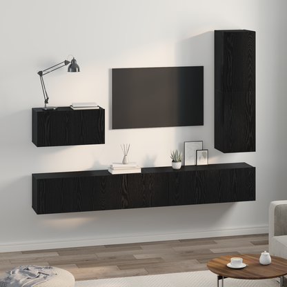 TV Cabinet Set with Drawer 4 pcs Black Oak Engineered Wood
