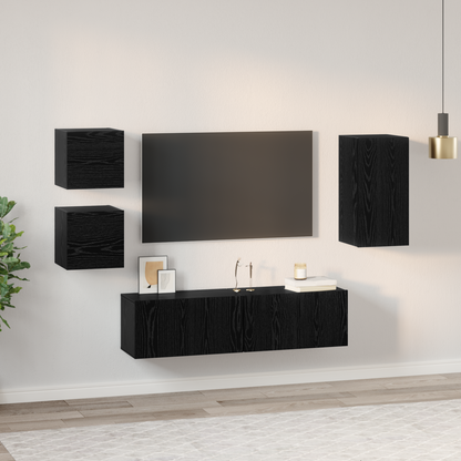 TV Cabinet Set Wall-mounted 5 pcs Black Oak Engineered Wood