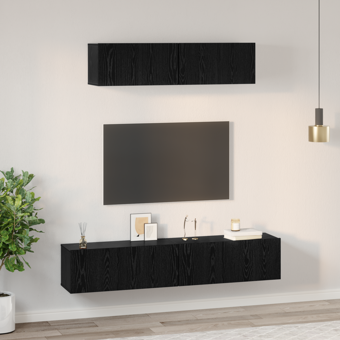 TV Cabinet Set Wall-mounted 4 pcs Black Oak Engineered Wood