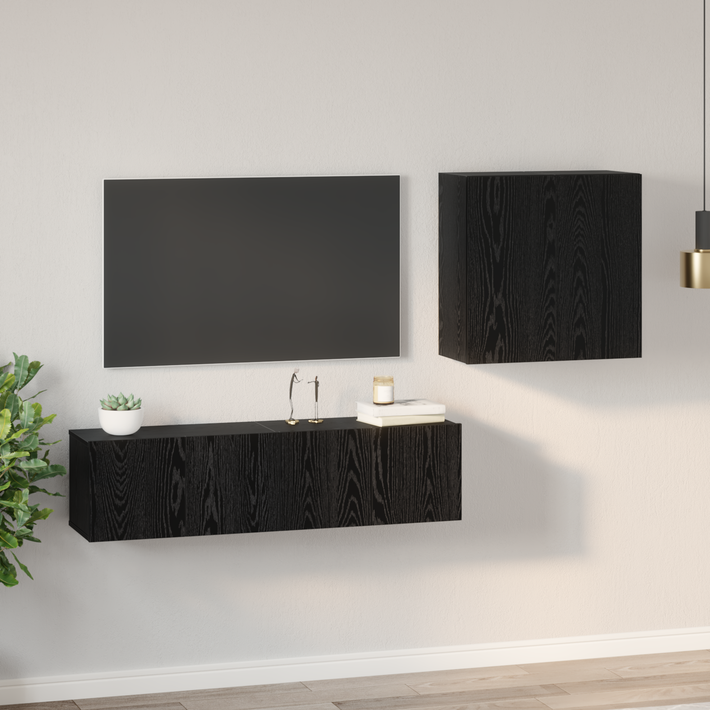TV Cabinet Set Wall-mounted Black Oak Engineered Wood