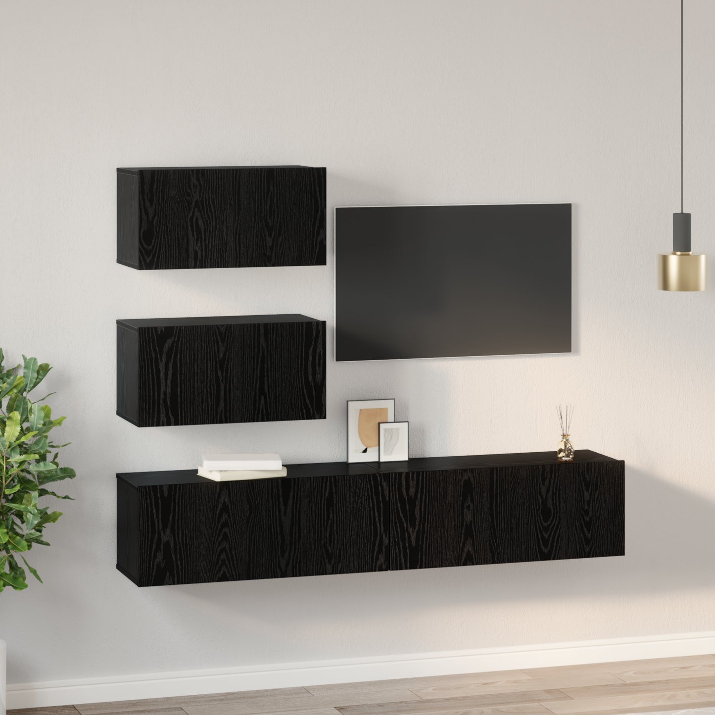 TV Cabinet Set Wall-mounted 4 pcs Black Oak Engineered Wood