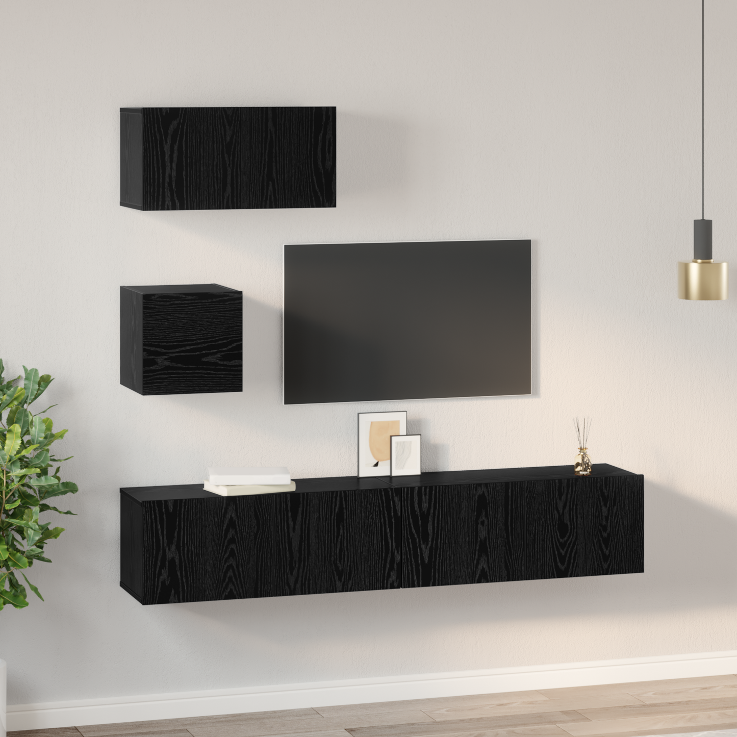 TV Cabinet Set Wall-mounted 4 pcs Black Oak Engineered Wood
