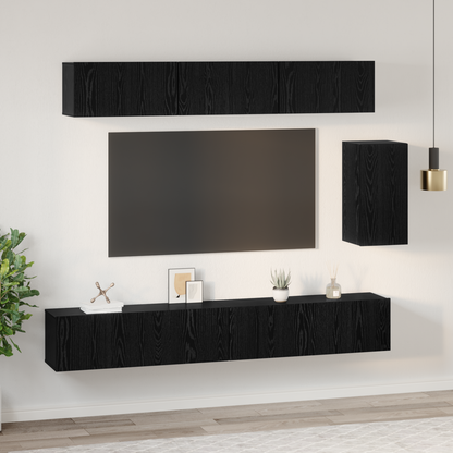 TV Cabinet Set with Drawer 6 pcs Black Oak Engineered Wood