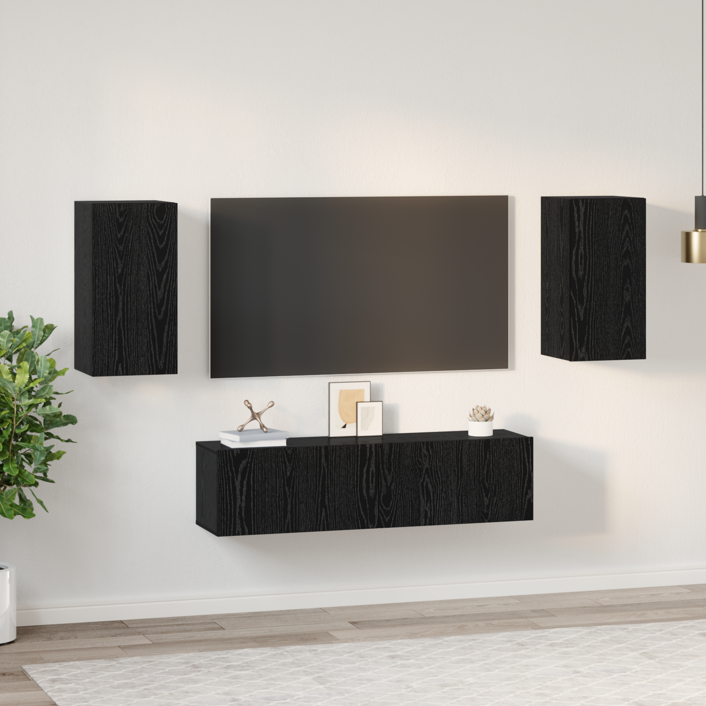 TV Cabinet Set Wall-mounted Black Oak Engineered Wood