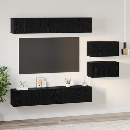 TV Cabinet Set Wall-mounted 6 pcs Black Oak Engineered Wood