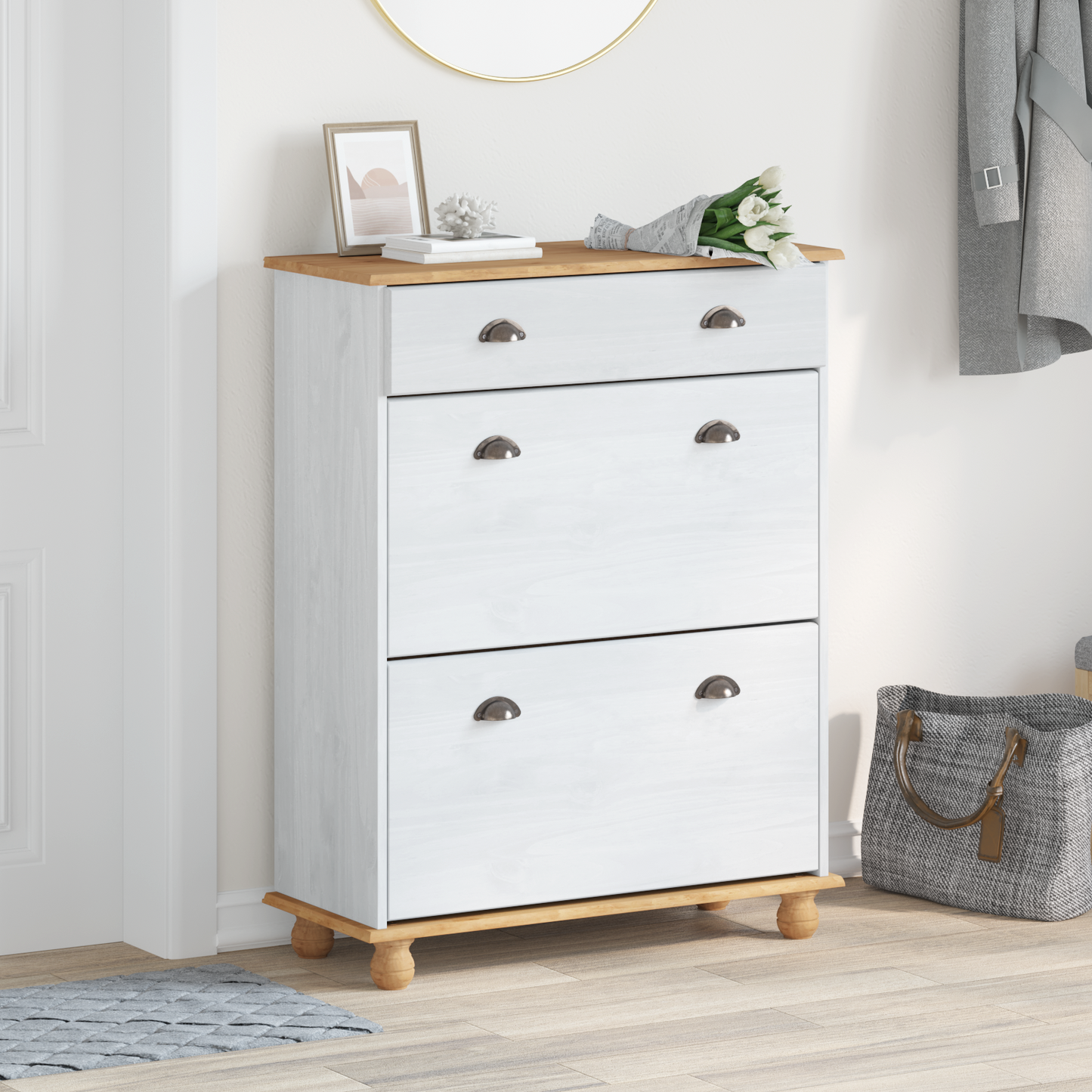 Shoe Cabinet ASKIM White 85 x 35 x 108 cm Solid Pine Wood