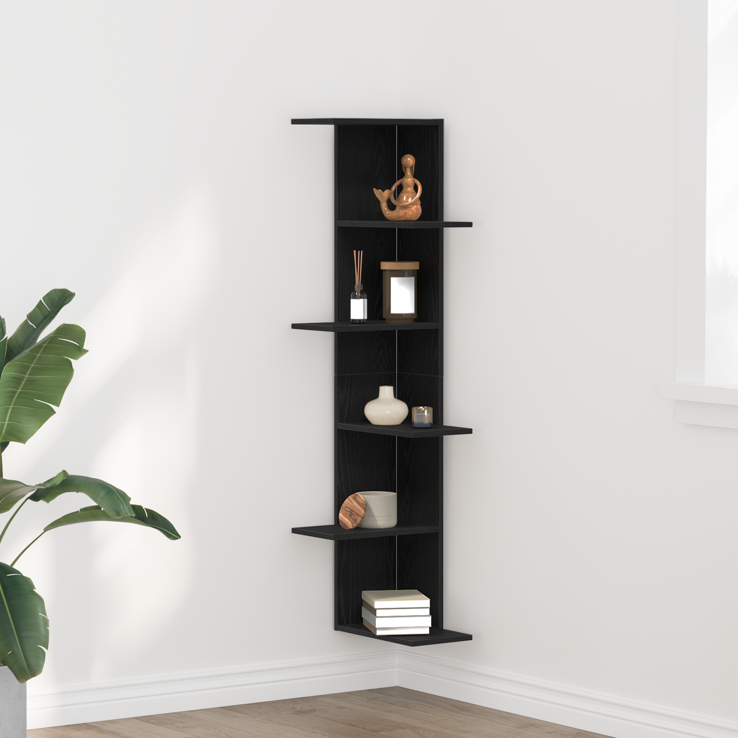 Wall Corner Shelf with Shelf Black Oak 36.5 x 36.5 x140 cm