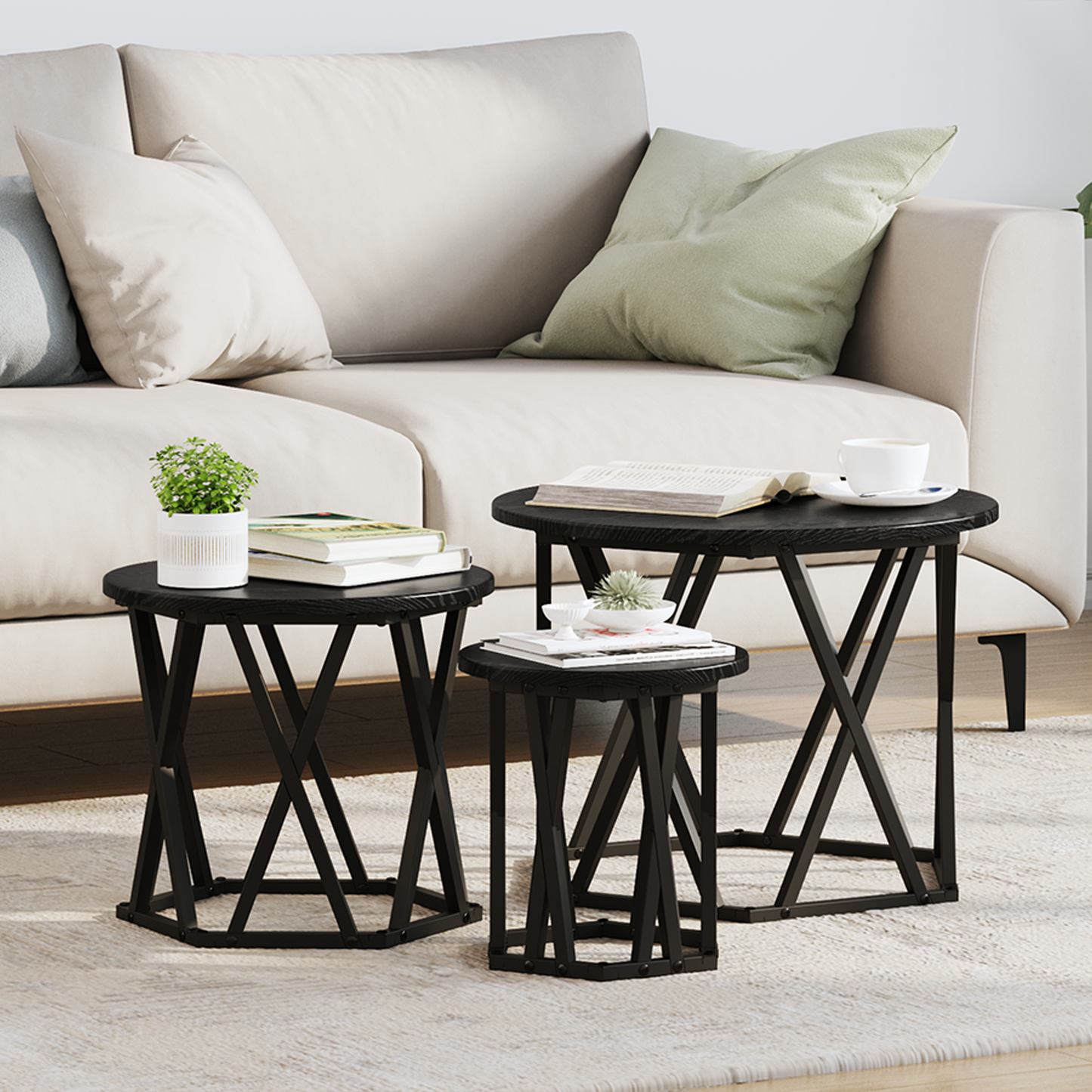 Nesting Side Table 3 pcs Black Oak Engineered Wood and Steel