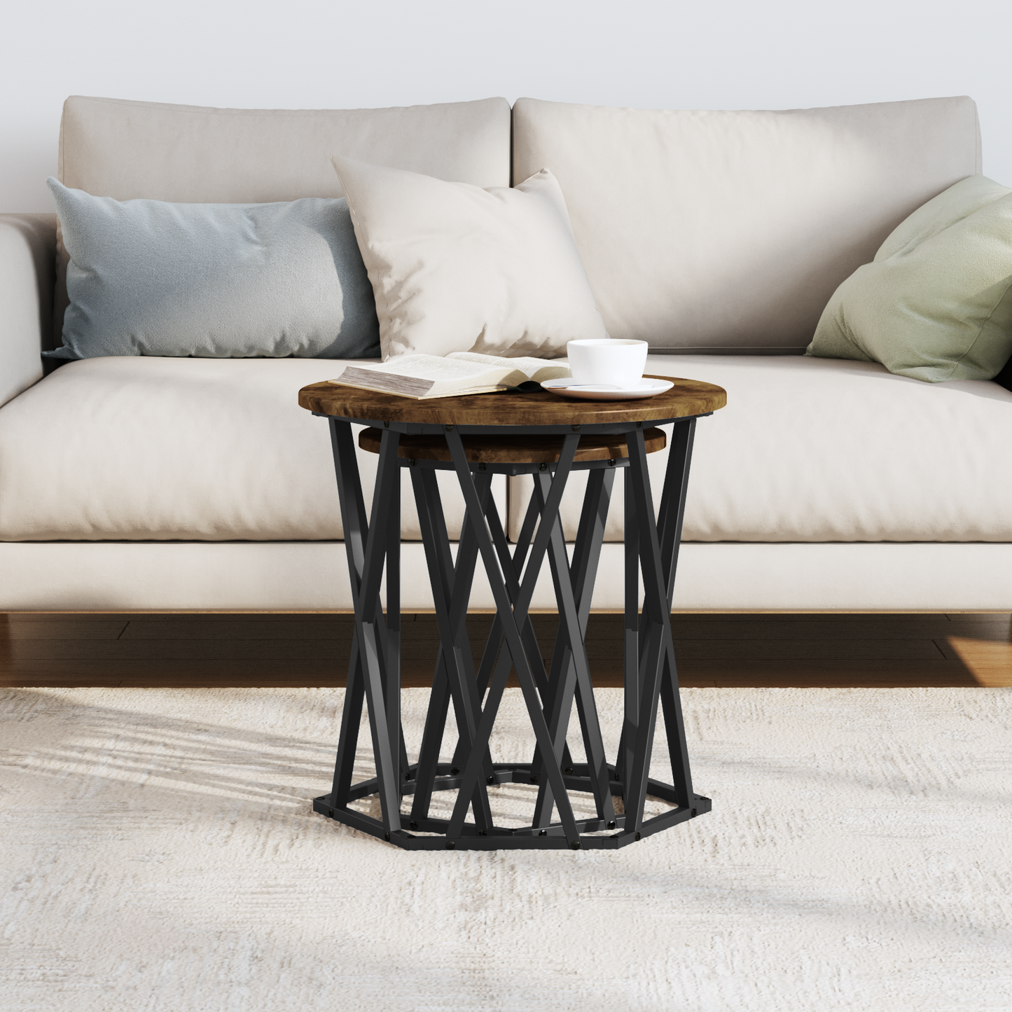 Coffee Table 2 pcs Smoked Oak Engineered Wood and Steel