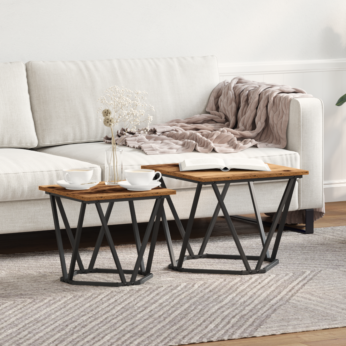 Side Table Set 2 pcs Reclaimed Wood Engineered Wood and Steel