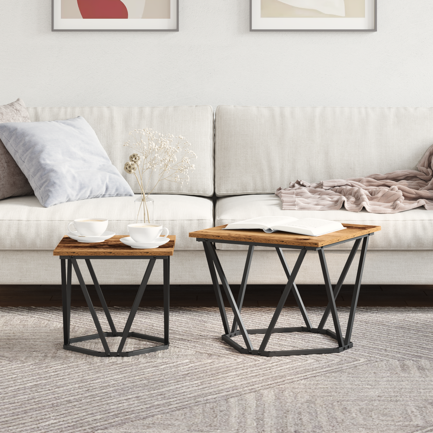 Side Table Set 2 pcs Reclaimed Wood Engineered Wood and Steel