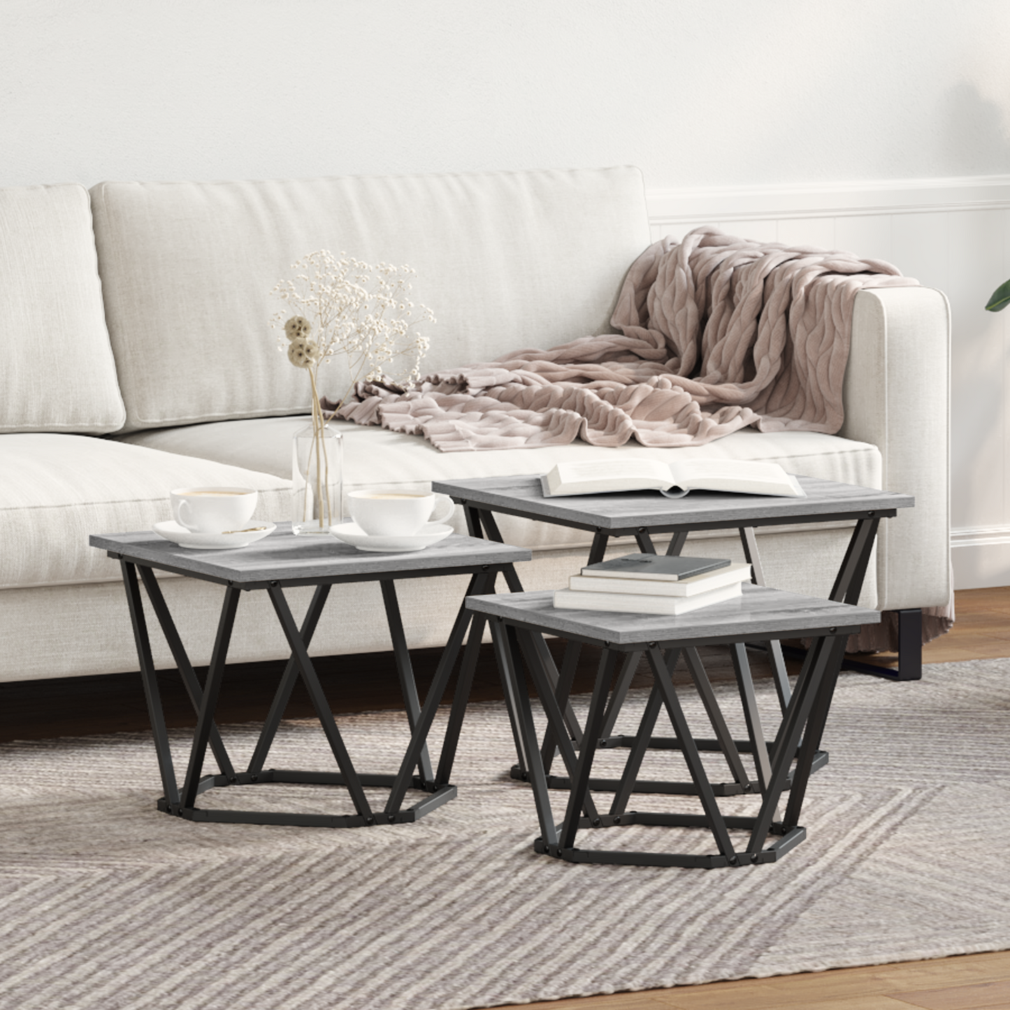 Coffee Table 3 pcs Grey Sonoma Engineered Wood and Steel