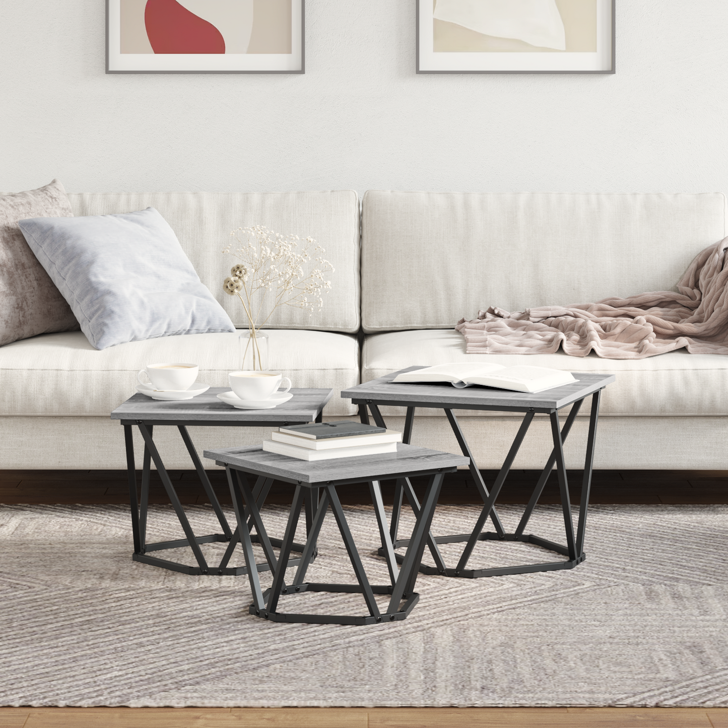 Coffee Table 3 pcs Grey Sonoma Engineered Wood and Steel