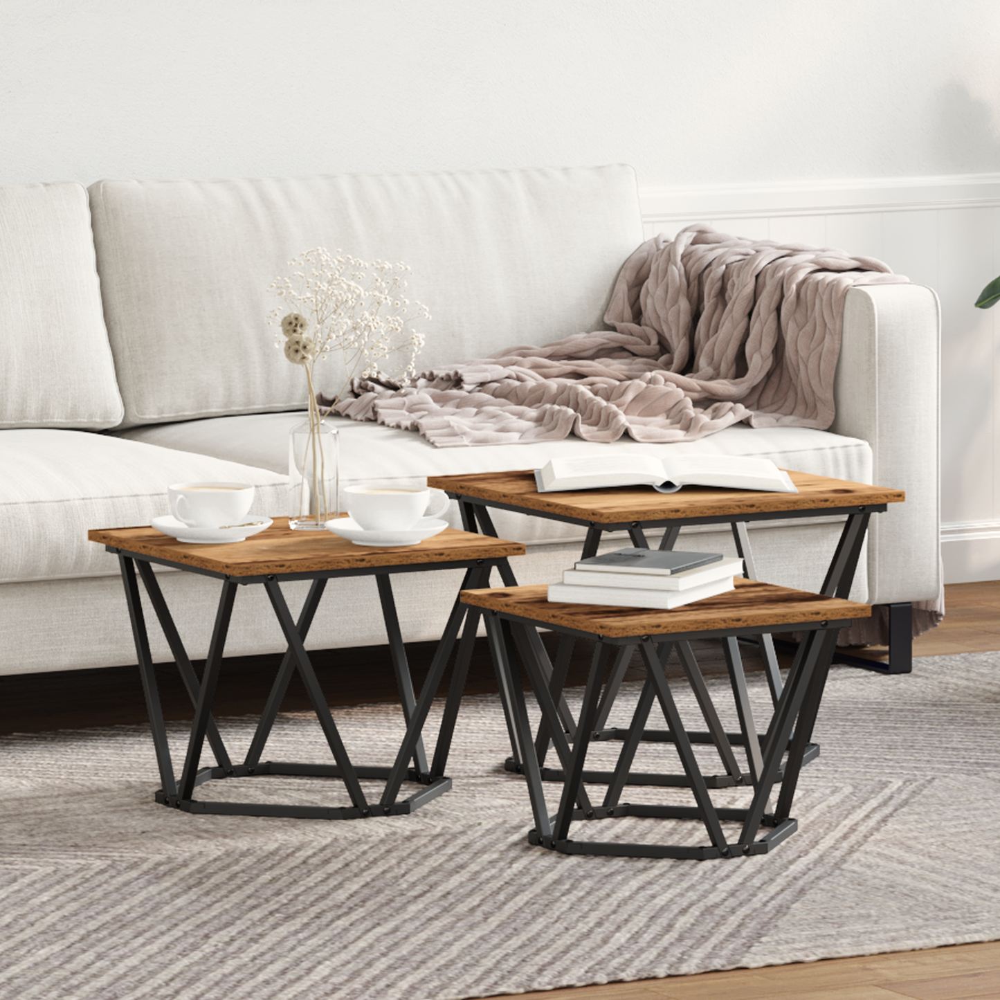Coffee Table 3 pcs Old Wood Engineered Wood and Steel