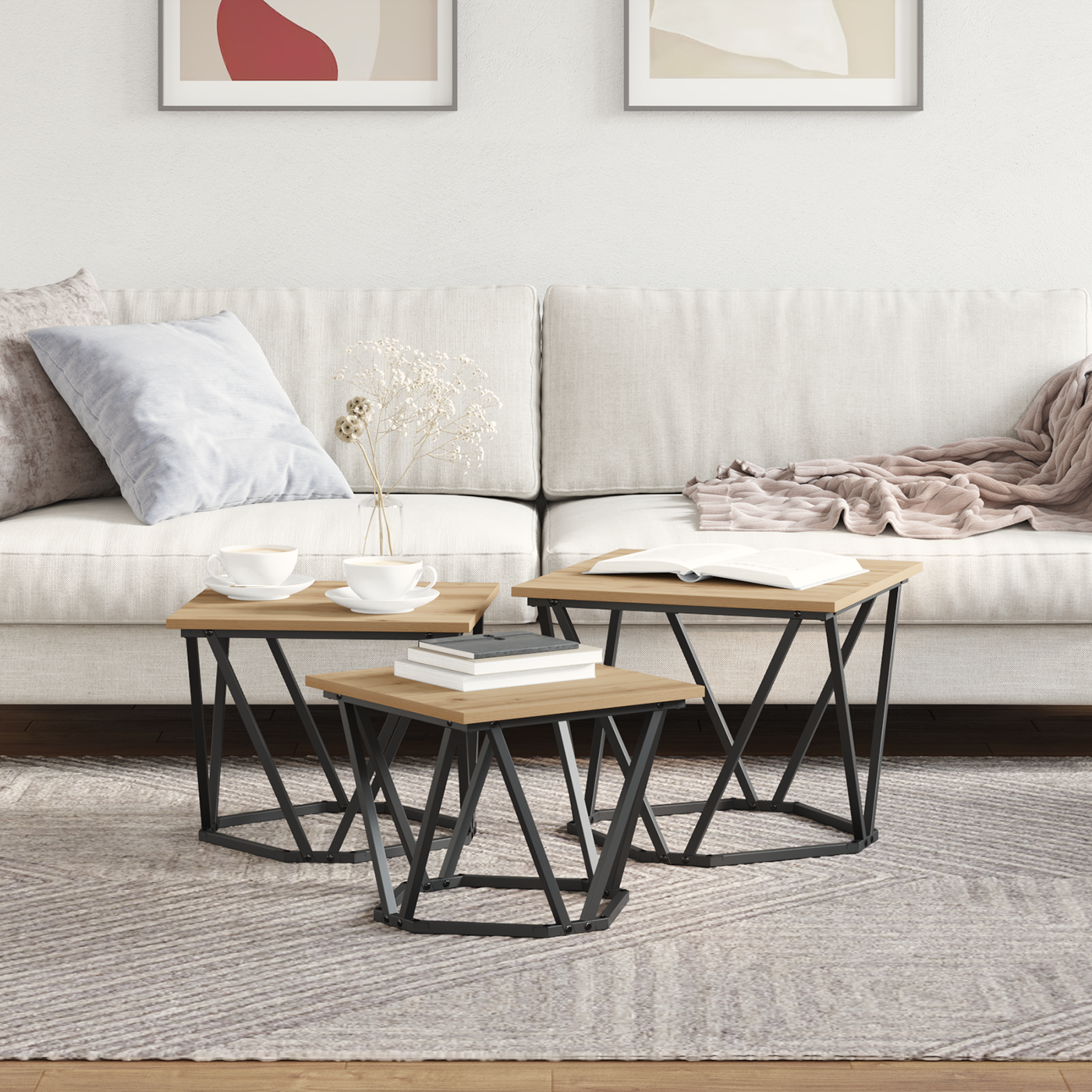 Coffee Table 3 pcs Artisan Oak Engineered Wood and Steel