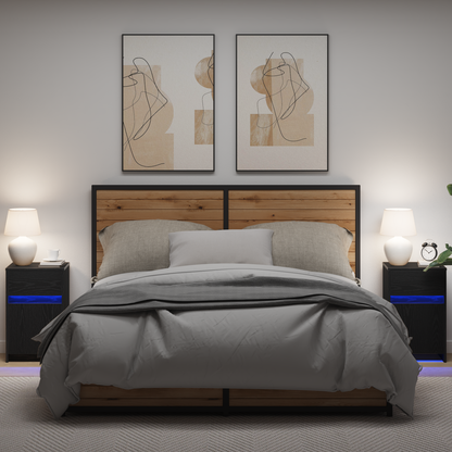 LED Bedside Cabinet with Drawer 2 pcs Black oak 38 x 34 x 61 cm